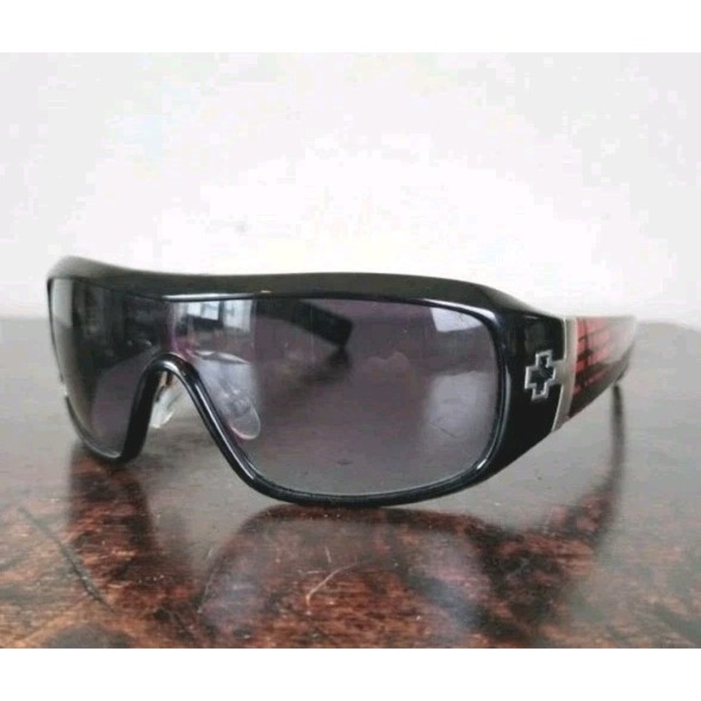 NEW Vintage Shield Sunglasses Black Frame Red Grid Temples Y2K Cyberpunk